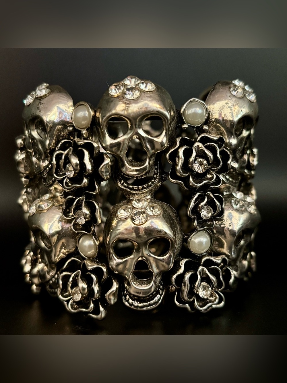 Heavy Gothic Skull Rose Wide Cuff Bracelet Rhinestone Pearl Metal Spring Bangle